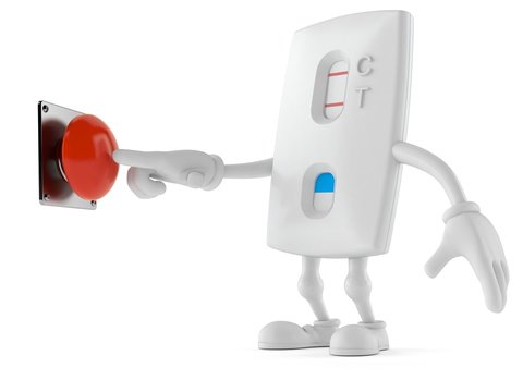 Pregnancy test character pushing button