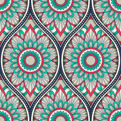 Seamless pattern with ethnic mandala ornament. Hand drawn illustration