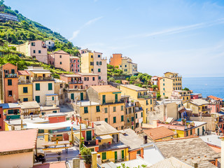 Riomaggiore, an ancient village in Cinque Terre, Italy in the province of La Spezia, situated in a small valley in the Liguria region of Italy