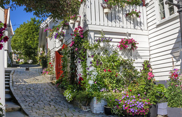 Fototapeta na wymiar Stavanger, Norway, the Historical center of the city. Stavanger is a white city. Almost all the houses in the center are white. The tradition originated in the XVII century