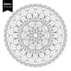 Monochrome ethnic mandala design. Anti-stress coloring page for adults. Hand drawn illustration