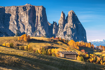 Magnificent scenery in the Dolomites. Autumn in the Alpe di Siusi. Italy