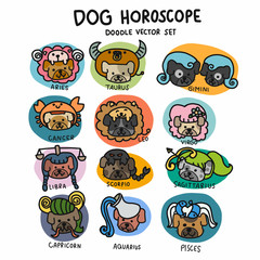 Cute Dog horoscope doodle set cartoon vector illustration 