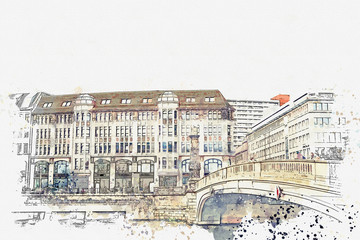 Fototapeta na wymiar A watercolor sketch or an illustration. Traditional architecture in Berlin in Germany. Street with bridge and buildings.