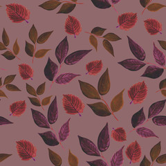 Seamless pattern of bright autumnal watercolor leaves.