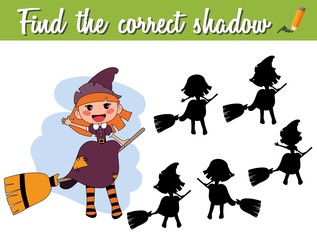 Find the correct shadow. Educational matching game for children with cartoon witch on a broom