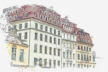 A watercolor sketch or an illustration. Traditional architecture in Dresden in Germany.