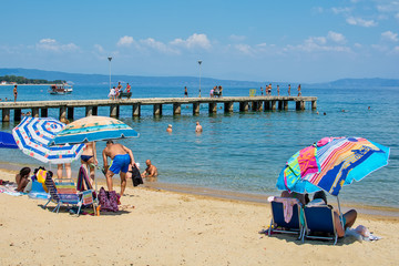 Olympiada, Greece - August 18, 2018: Beach of Olimpiada town at Chalkidiki, Greece