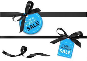 Decorative horizontal black ribbon with bow and sale tag for cyber monday sale design. Vector decoration and label isolated on white background