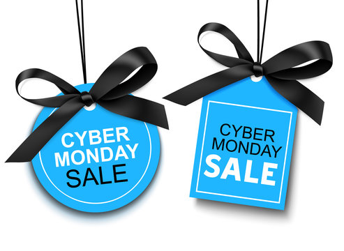 Cyber Monday sale tag with black bow for your design. Vector set of discount labels isolated on white background