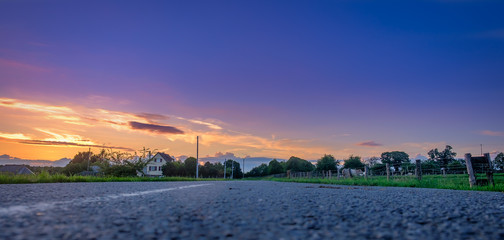 Departmental Road at the blue hour in the  Orne countryside, Normandy France
