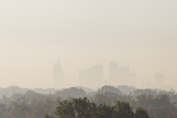 Warsaw, the capital of Poland covered in smog and fog - obrazy, fototapety, plakaty