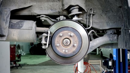 corrugation vehicle's exhaust system at shallow depth of field and Disc brake of the vehicle for...