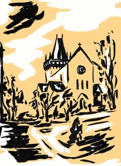 illustration of a church of Saint Peter and Paul in Semily, Czech Republic
