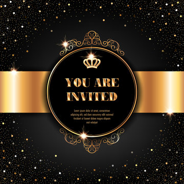 VIP invitation template with golden crown and sparkling confetti on black background