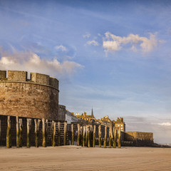 The ramparts and town of Saint Malo, Brittany, France, from the beach.