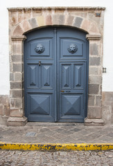 architecture detail of colonial home door in historical area Cuzco Peru