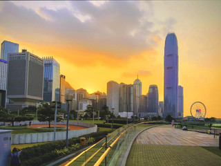 Fototapeta na wymiar Hong Kong, October 5, 2018. Skyscrapers at sunset time