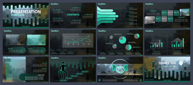 Original presentation templates. Set, green, elements of infographics, white background. Flyer, postcard, corporate report, marketing,advertising, banners.Slide show,photo, slide for brochure,bookle