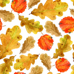 Seamless texture of watercolor fall oak and aspen leaves. Bright autumn print with natural elements