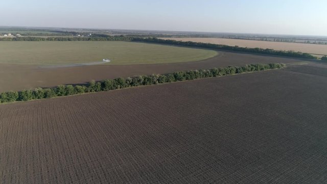 agribusiness, airplane flies over field with wheat and splashing herbicides against parasite in aerial survey of vintage propelled plane flies beautifully over green plantation