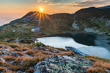 Sunrise over Fish Lake, Seven Rila Lakes hut, Bulgaria