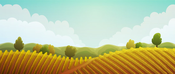 Rural landscape of vineyard. Golden vines on hills with trees and mountains in background. Autumn season. Vector illustration.