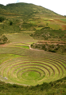 The Incan Ruins of Moray, terraced rings on the high plateau of the village of Maras, Cusco Region, Peru