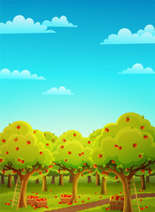 Colorful landscape of an apple orchard during harvest. Ladder and wooden crate filled with ripe red apples. Vector illustration.