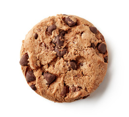 Fresh chocolate chip cookie isolated on white, from above
