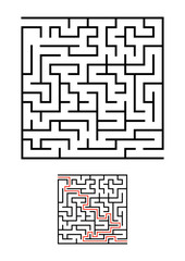 Abstract square maze. Game for kids. Puzzle for children. One entrances, one exit. Labyrinth conundrum. Simple flat vector illustration isolated on white background. With answer.