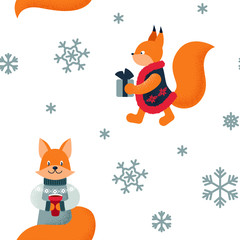 Winter seamless patter with squirrel, fox and snowflakes. Christmas design. Vector illustration.