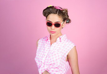 Pin up girl. happy girl in summer glasses. vintage housewife woman make hairstyle. retro woman with fashion makeup. beauty salon and hairdresser. Ambitious and beautiful. Perfect female