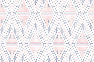 Geometric vector triangles seamless pattern. Scandinavian ornament in nordic colors - white, blue and pink. Pattern for textile, fabric, wrapping paper and your design.