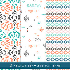 Cpllection of vector seamless handdrawn pattern in boho style with ethnic decoration. Bohemian chic trendy arrows vector ornament.