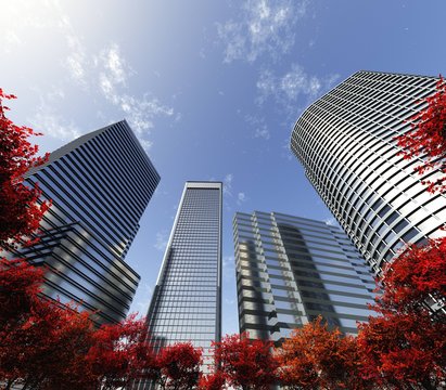Autumn skyscrapers, skyscrapers and autumn trees against the sky with clouds,
3d rendering
