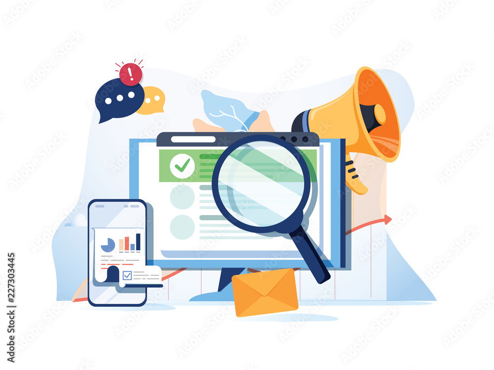 Poster search result optimization seo marketing analytics flat vector banner with icons. seo performance, t