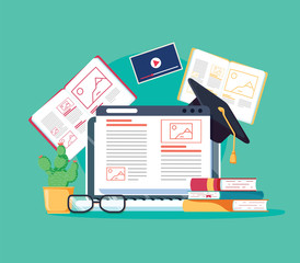 Online tutoring concept. E-books, internet courses process. Vector illustration. Staff education, consulting college - obrazy, fototapety, plakaty