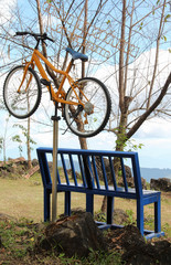 Fototapeta premium Blue steel bench at Doi Monngo, Chiangmai, Thailand.