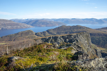 Fototapeta na wymiar On a hike to spectacular Ramntindan in Bronnoy Municipality, Northern Norway