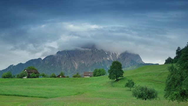 Village Horn, Mount Pilatus, Switzerland, May 13, 2018.  View of Mount Pilatus, clouds float near the mountain. Time Lapse video of Mount Pilatus.