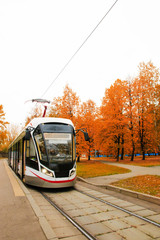 Obraz premium public transport, modern city tram, approaching the bus stop