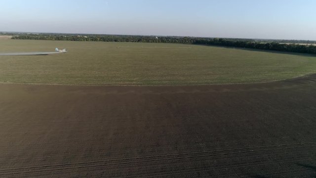 Crop Duster flies over field with wheat and splashing chemicals against parasite in drone view of vintage propelled plane flies beautifully over green plantation