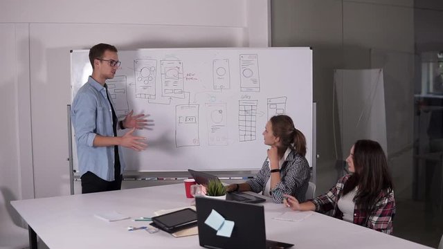 Business team discussing project or idea. Couching, executive, startup concept. Two women sitting at office desk and man making presentation near the worksheets board