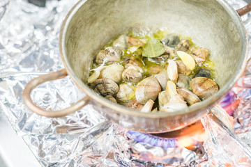 Portion of clams in a copper pot on gas stove