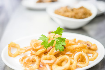 Squids fried in deep oil served with coriander leaf © malajscy