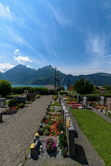 Fototapeta na wymiar View on Lucerne Lake from cemetery in Sisikon village, Canton of Uri, Switzerland