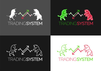 Trading System Emblem. Set of logo designs of artistic silhouettes of a bull and a bear standing on both sides of trending arrows.