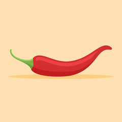 Red chilli pepper flat style icon on orange background. Vector illustration.