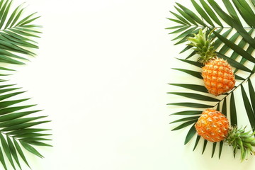 Fruits Pineapples top view on white background. Copy space. Creative fruits background.